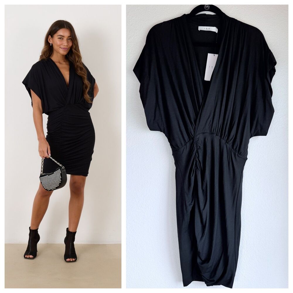 NEW IRO Paris Bertille Jersey V-Neck Ruched Mini Dress in Black Size Small